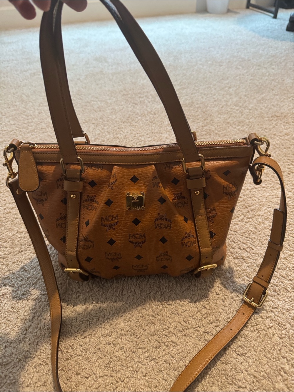 MCM Cognac Logo-Print Leather Shoulder Bag with Gold Hardware